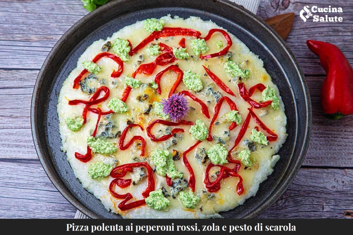 PIZZA POLENTA AI PEPOERONI ROSSI, ZOLA E PESTO DI SCAROLA...