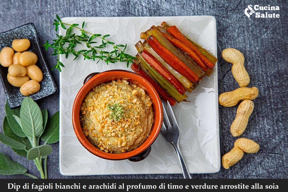 Dip di fagioli bianchi e arachidi al profumo di timo e verdure arrostite alla soia... 