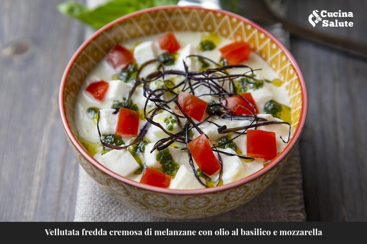 Vellutata fredda cremosa di melanzane con olio al basilico e mozzarella...