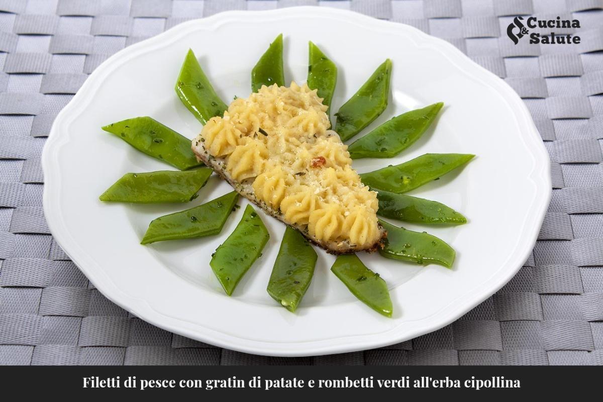 Filetti di pesce con gratin di patate e rombetti verdi all'erba cipollina ...