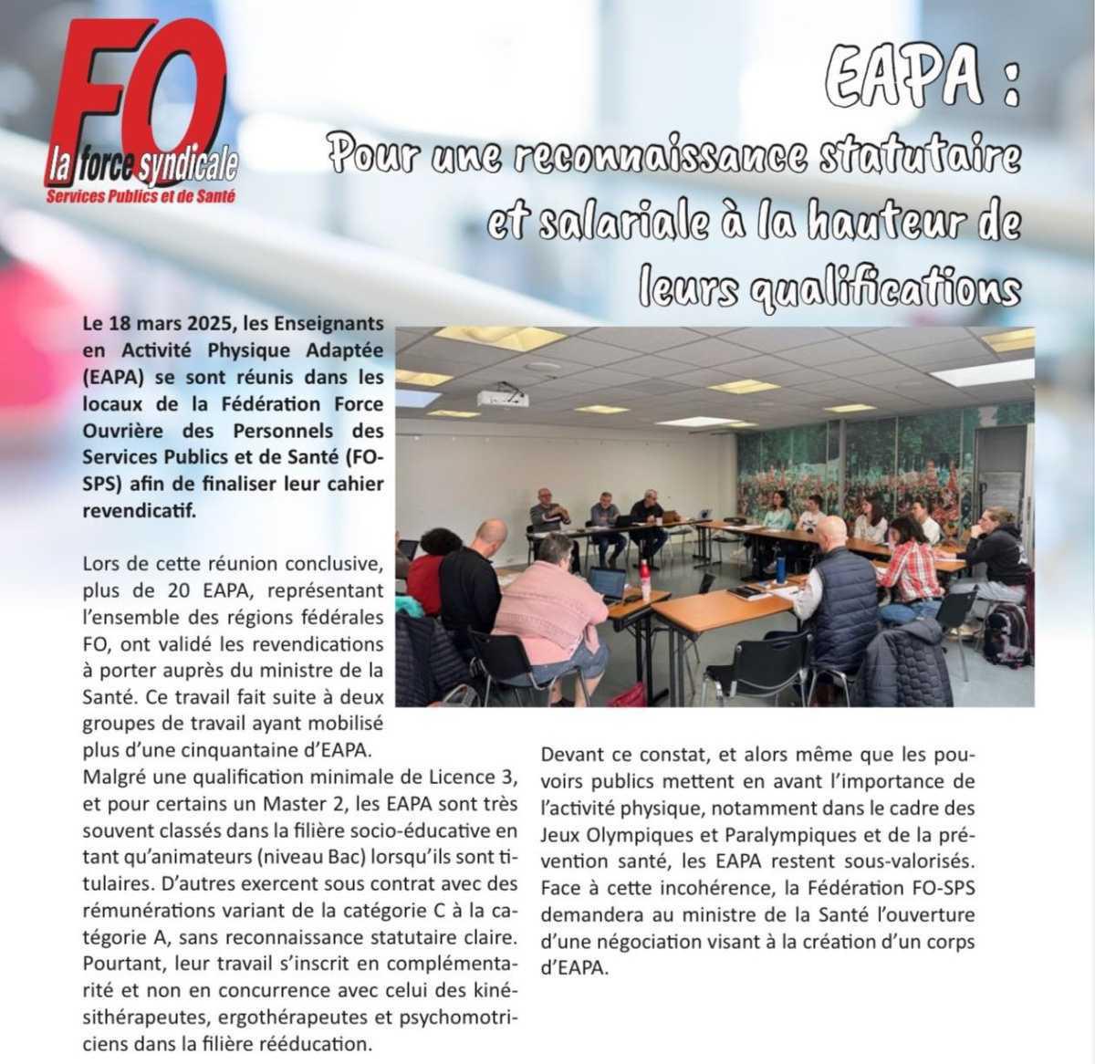 EAPA pour une reconnaissance statutaire et salariale à la hauteur de leurs qualifications