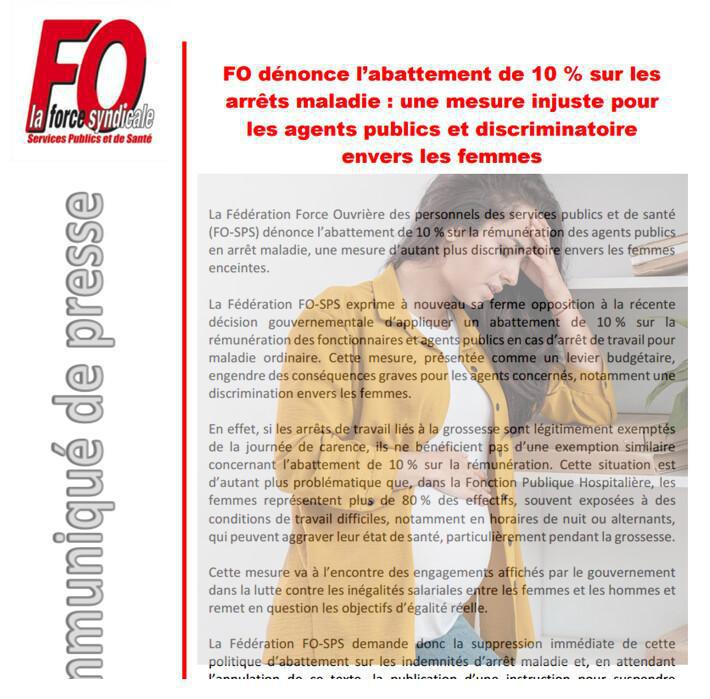 FO dénonce l'abattement de 10 % sur les arrêts maladie : une mesure injuste pour les agents publics et discriminatoire envers les femmes.