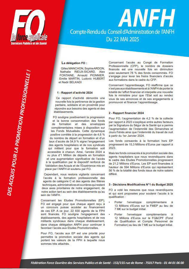 Compte rendu du CA de l’ANFH du 22 Mai 2025