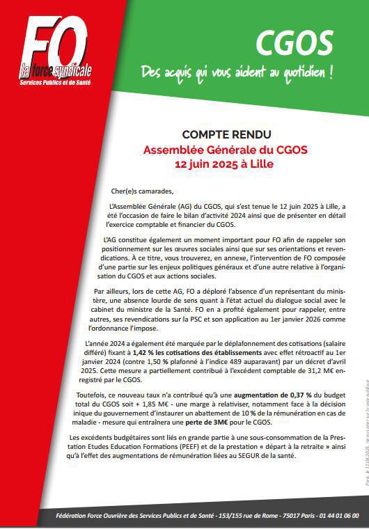 Compte rendu AG du CGOS du 12 juin 2025 + intervention FO incluse