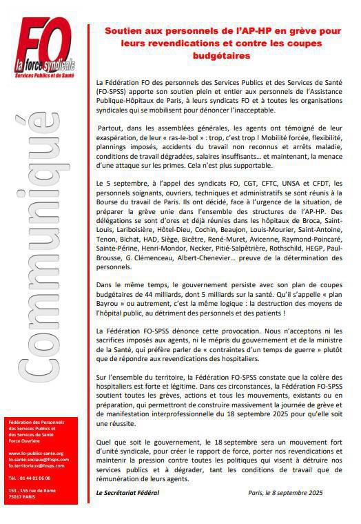 La Fédération FO SPSS soutient les personnels de l'AP-HP en grève pour leurs revendications et contre les coupes budgétaires.