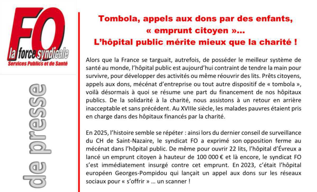 Tombola, appels aux dons par des enfants, "emprunt citoyen".... L'hôpital public mérite mieux que la charité !