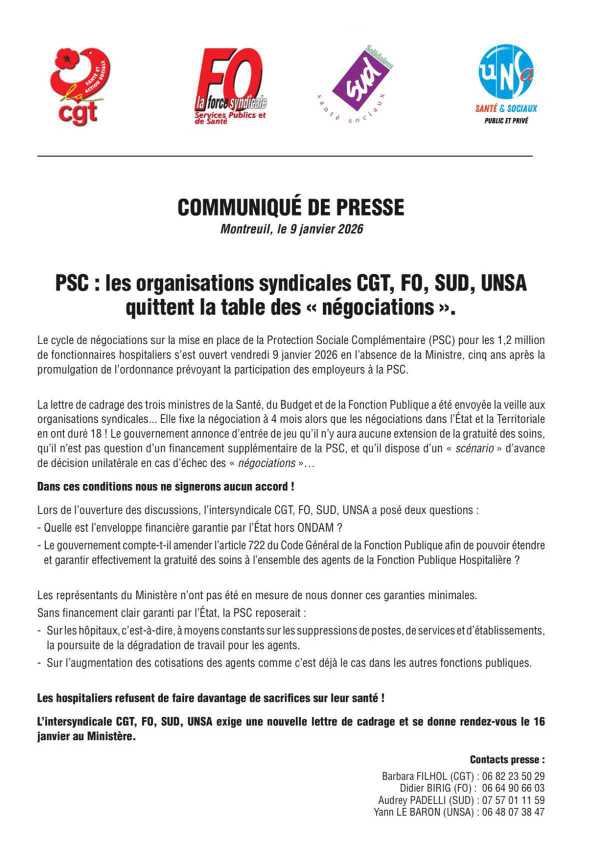 Communiqué de presse intersyndical (CGT/UNSA/SUD/FO SANTE)_PSC : les organisations syndicales CGT, FO, SUD, UNSA quittent la table des « négociations ». Boîte de réception