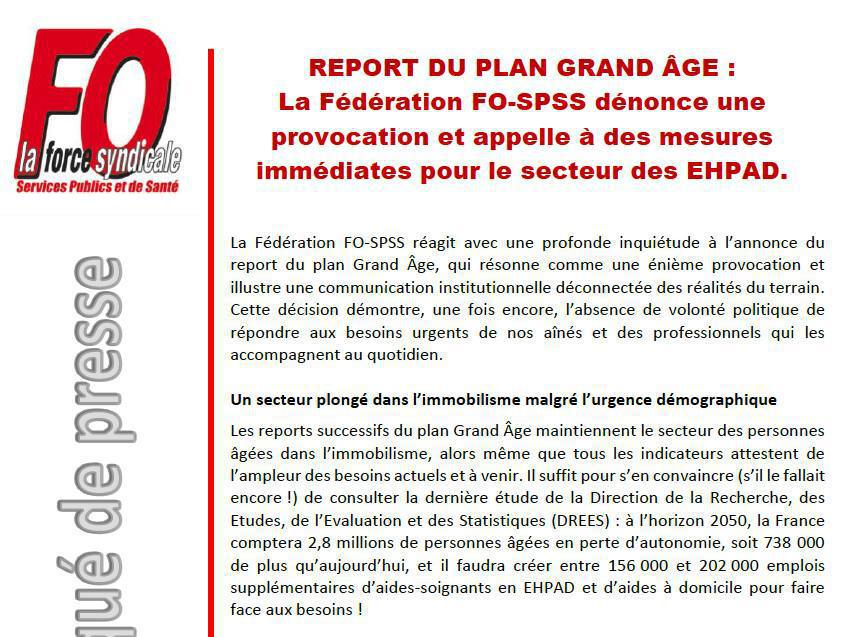 REPORT DU PLAN GRAND ÂGE : La Fédération FO-SPSS dénonce une provocation et appelle à des mesures immédiates pour le secteur des EHPAD.