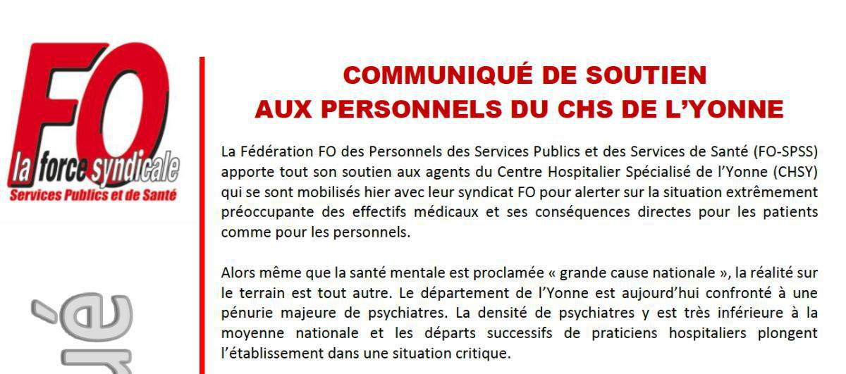 Communiqué de soutien aux personnels du CHS de l’Yonne.