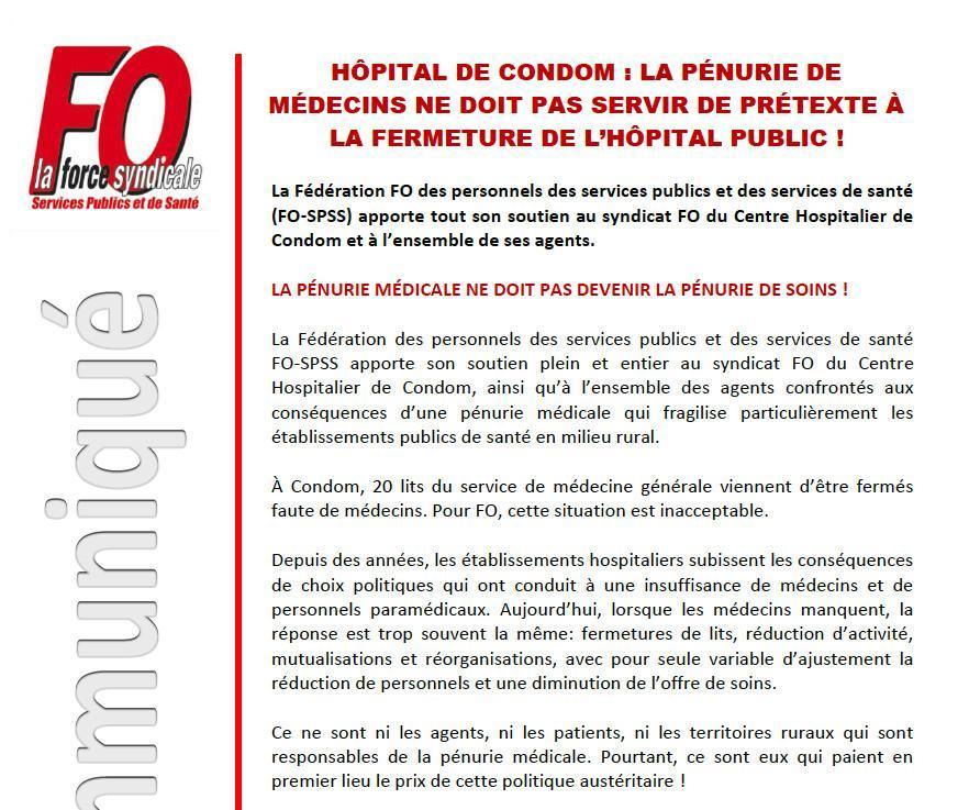 communiqué de soutien au syndicat FO du Centre Hospitalier de Condom et à l’ensemble de ses agents.
