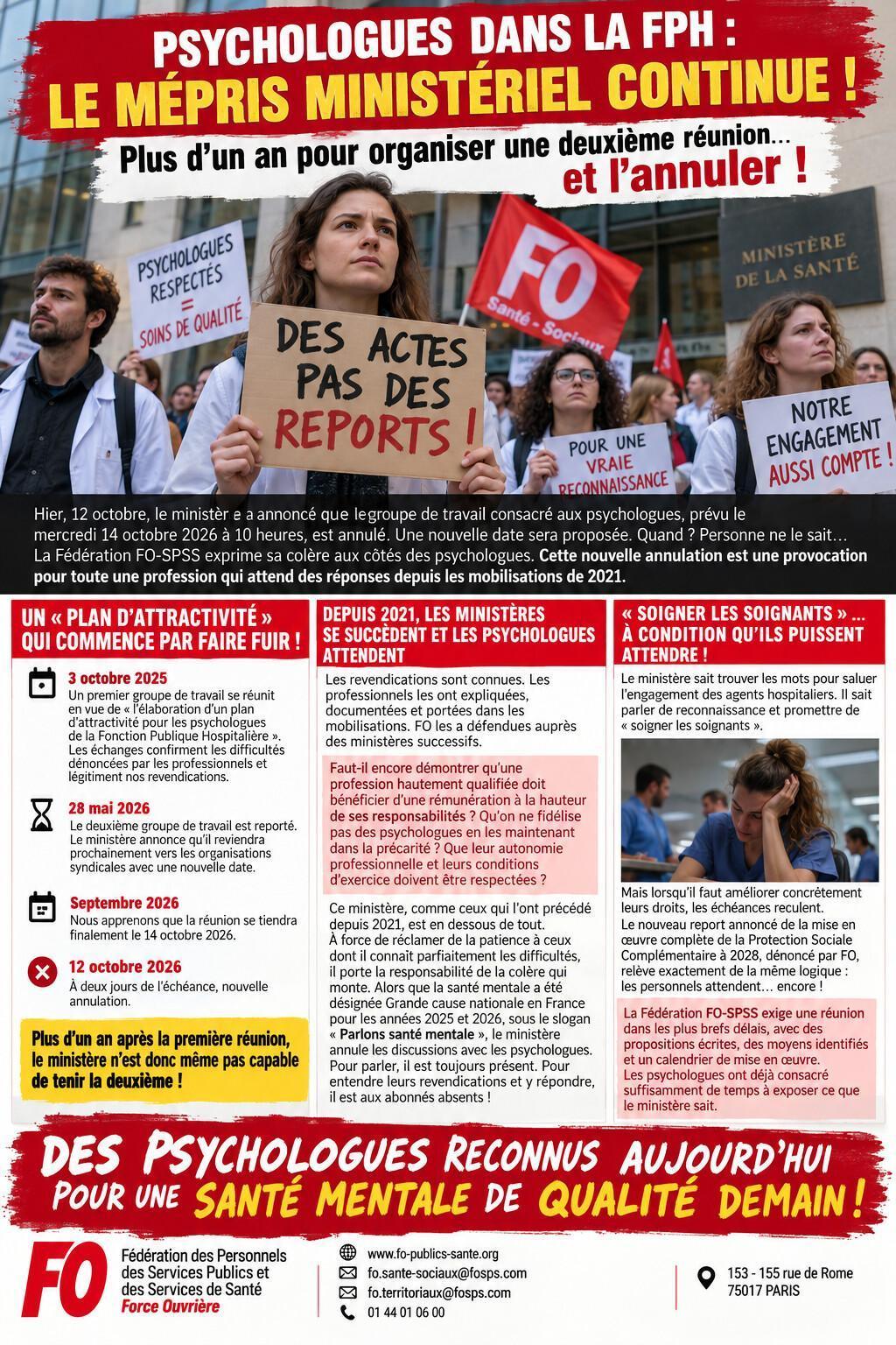 PSYCHOLOGUES DANS LA FPH : LE MÉPRIS MINISTÉRIEL CONTINUE ! Plus d’un an pour organiser une deuxième réunion… et l’annuler !