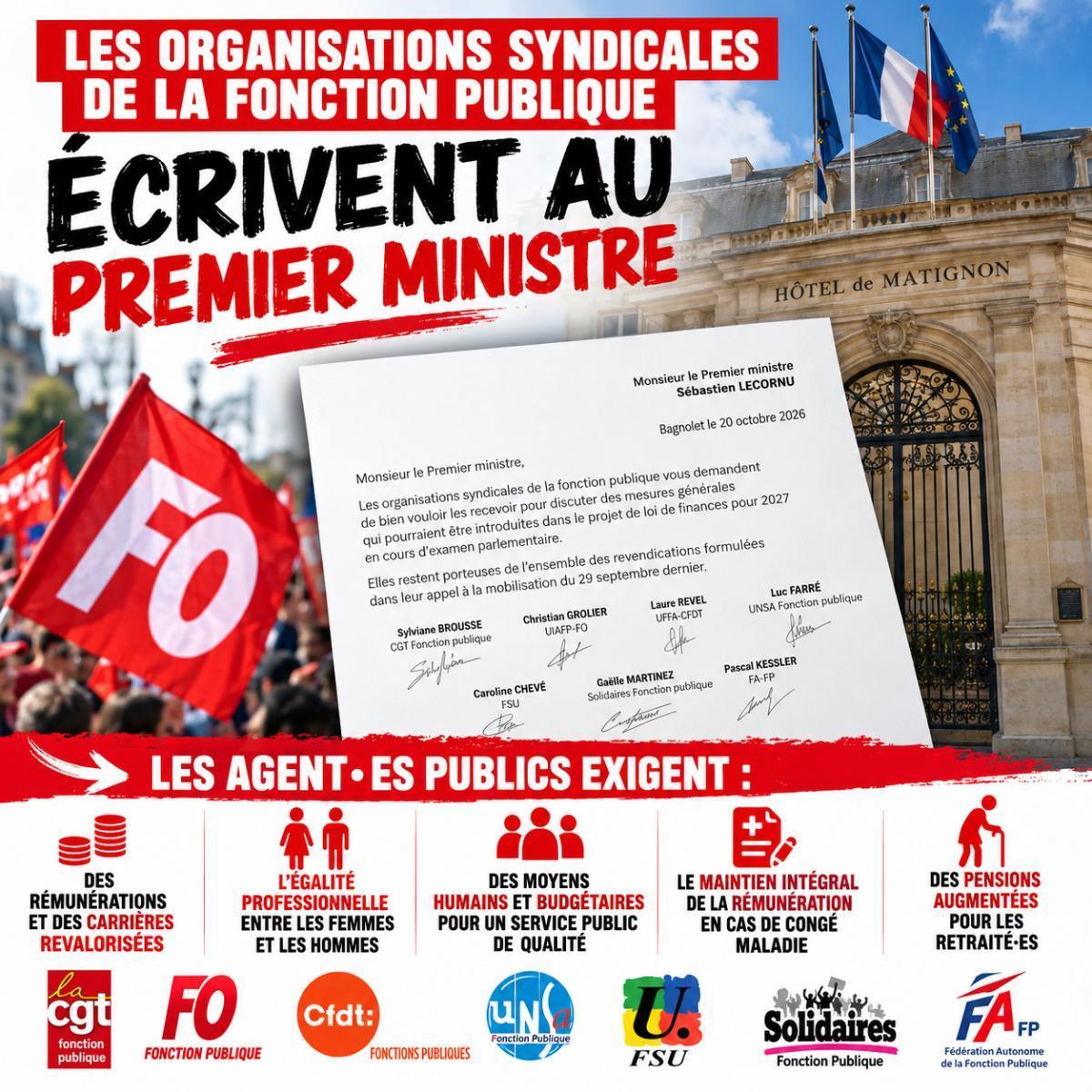 Courrier adressé au Premier ministre par l’intersyndicale de la Fonction publique.
