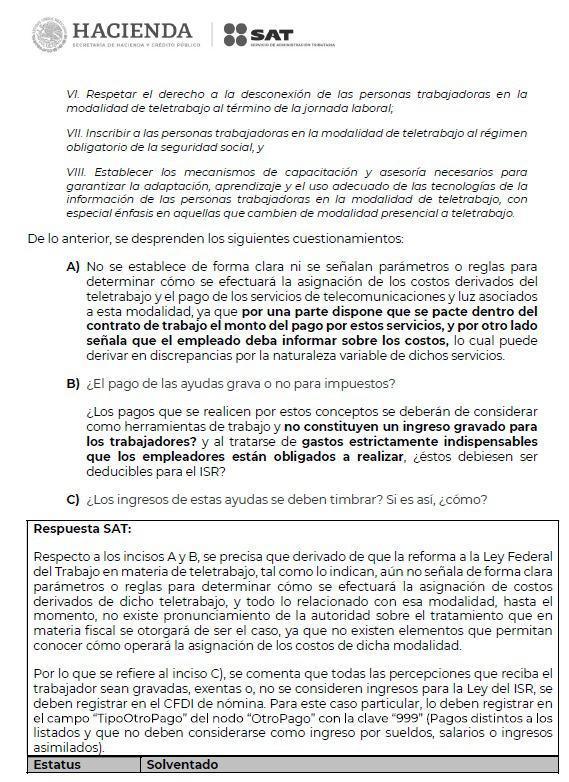 Resolución SAT por concepto teletrabajo Abril 2021
