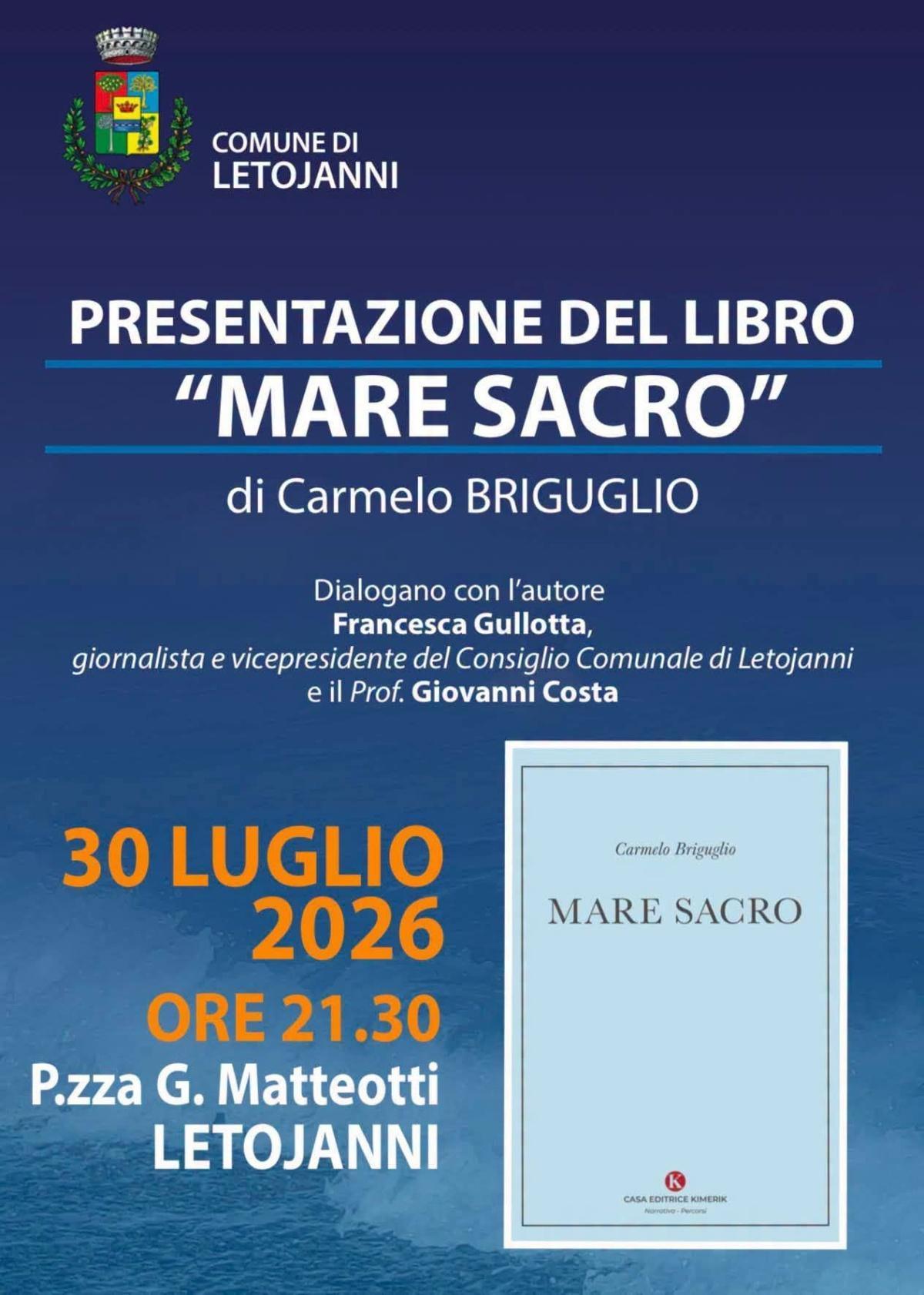 Presentazione del libro "Mare sacro" dell'On. Carmelo Briguglio (Inizio ore 21.30)