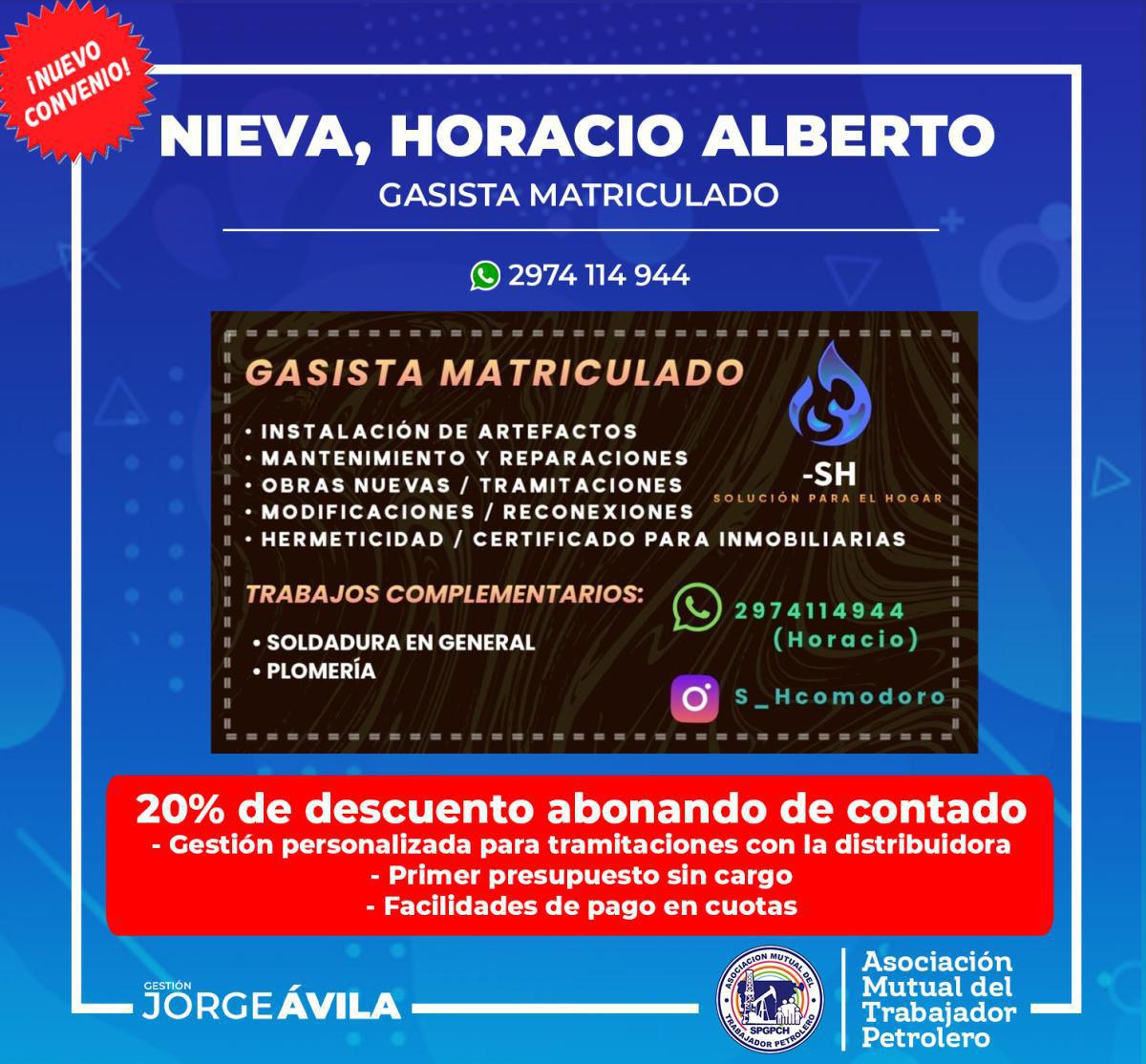 Nuevo convenio con Horacio Alberto Nieva, Gasista Matriculado