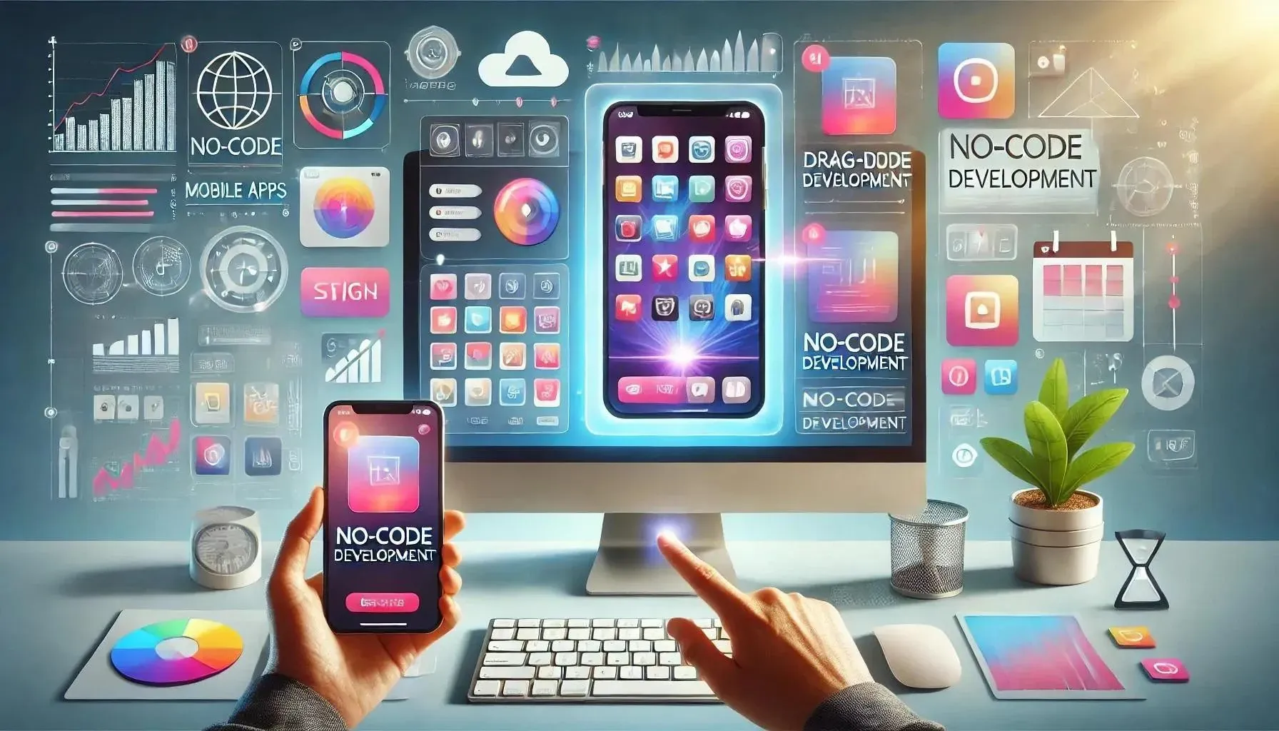 Imagem dos melhores construtores de aplicações que mostram aplicações móveis no ecrã de dispositivos móveis e desktops