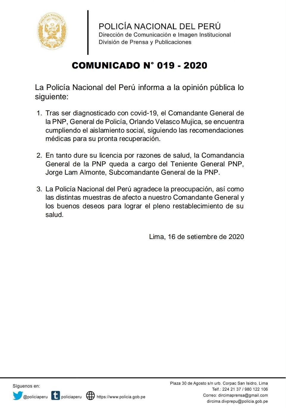 Comandante General de la PNP dio positivo a COVID-19