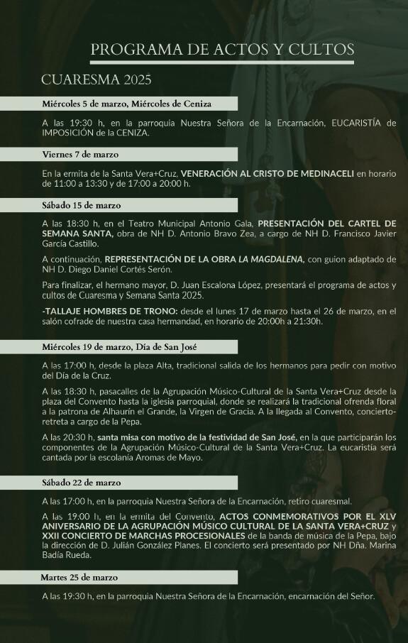 Semana Santa 2025. Programa de actos y cultos. Semana Santa 2025. Programa de actos y cultos.