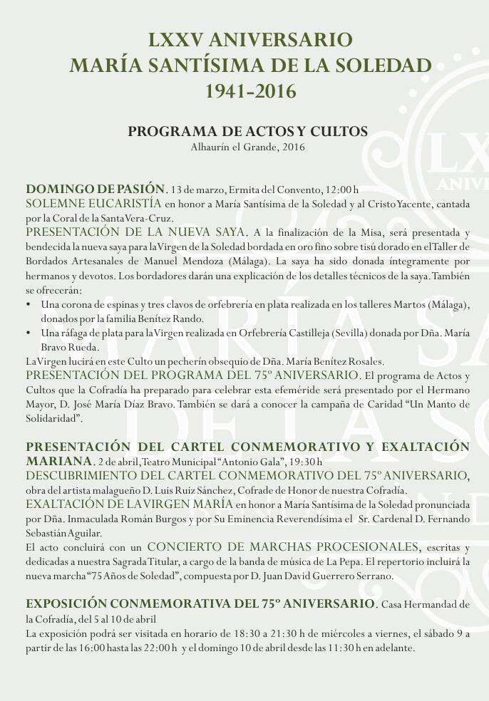 Programa de actos 75 Aniversario de la Soledad Programa de actos 75 Aniversario de la Soledad