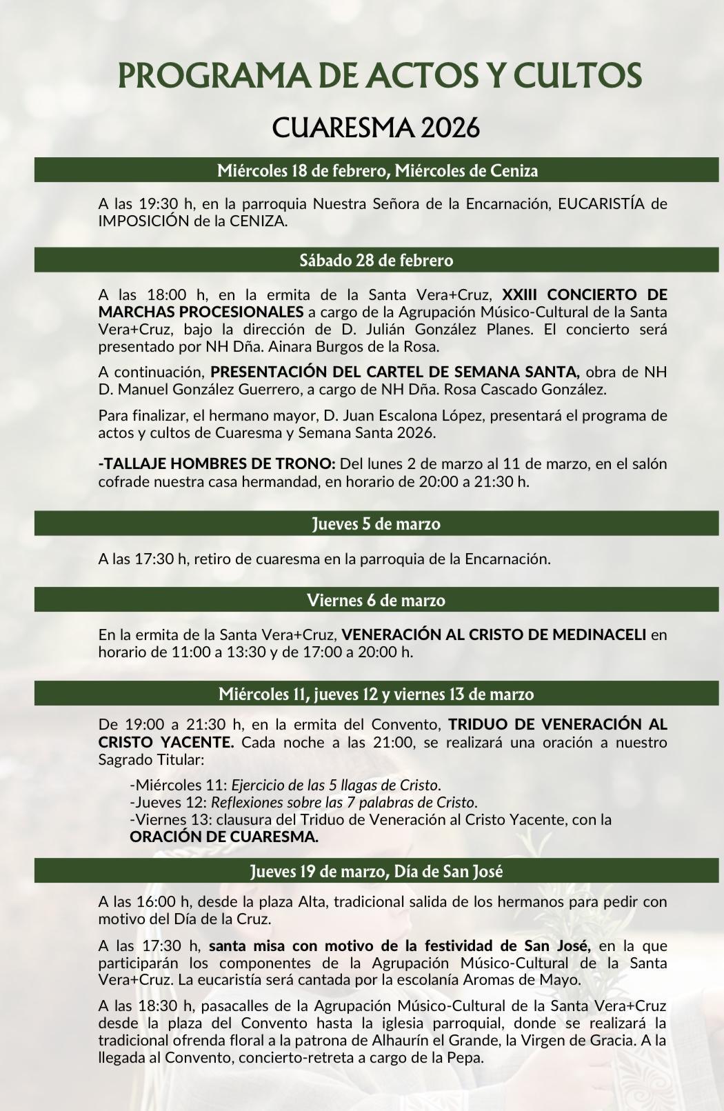 Semana Santa 2026. Programa de actos y cultos.