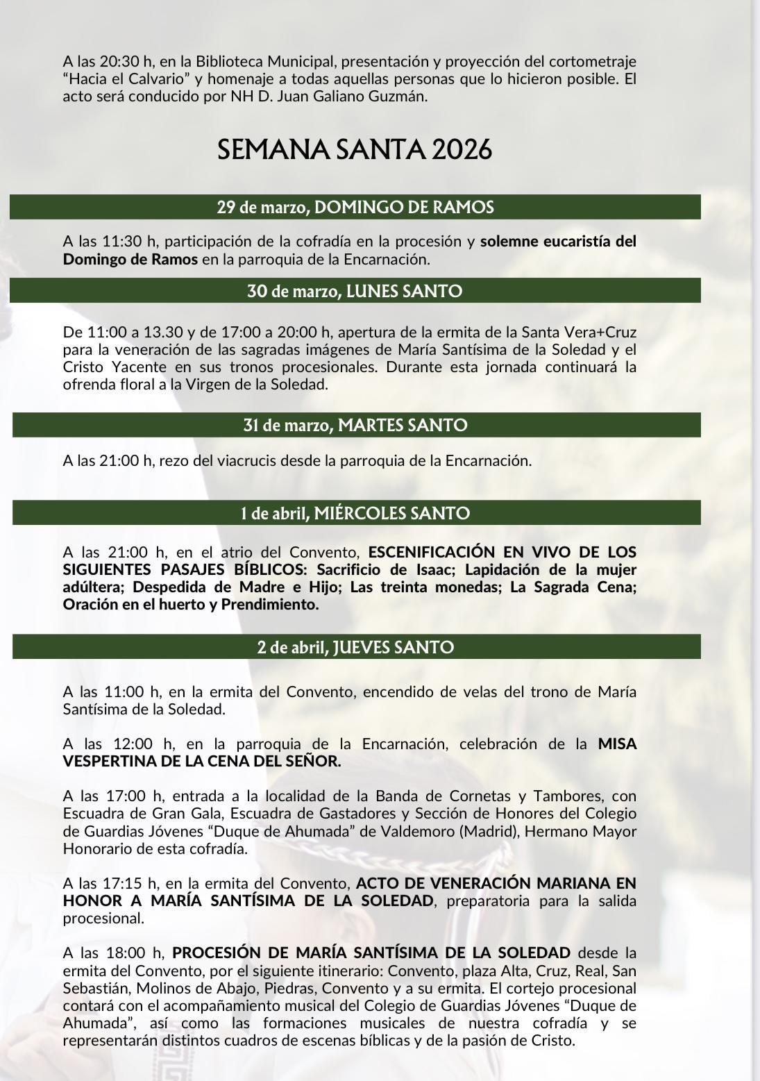 Semana Santa 2026. Programa de actos y cultos. Semana Santa 2026. Programa de actos y cultos.