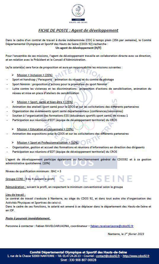 Le CDOS 92 recrute ! Agent de développement (H/F) en CDI temps plein - Février 2023