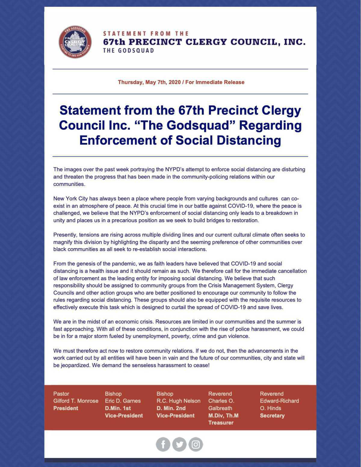 Statement from the 67th Precinct Clergy Council, INC. "The GodSquad"