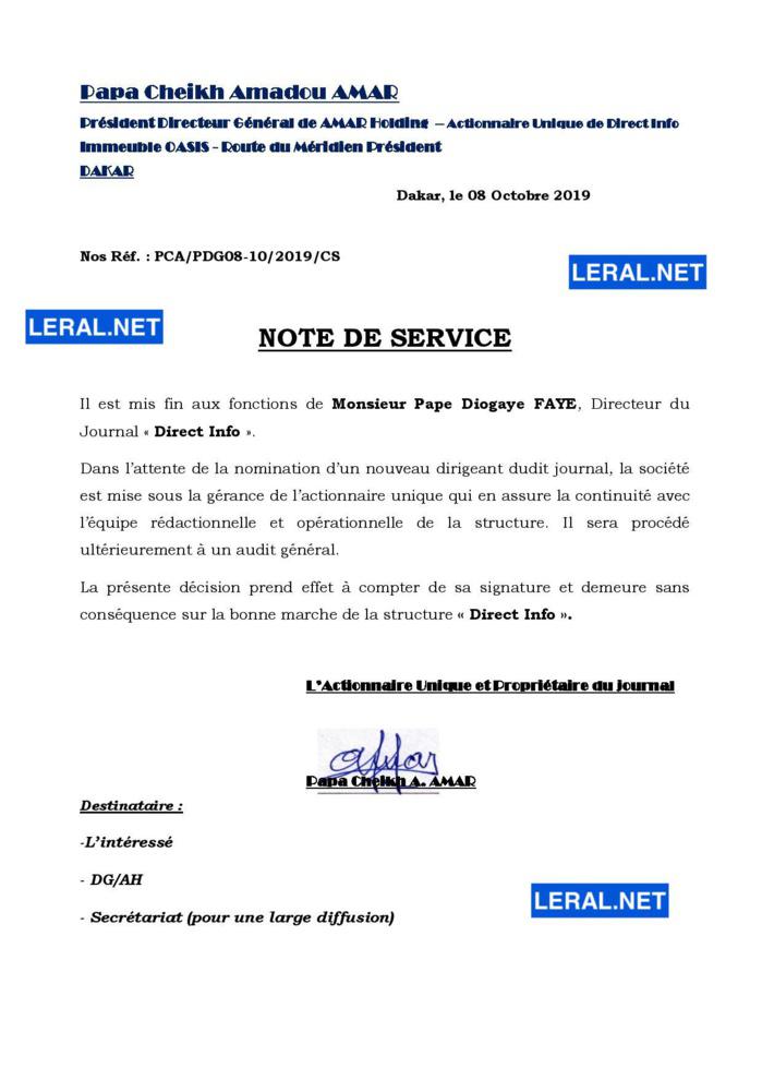 Licenciement: Cheikh Amar met fin aux agissements de Pape Diogaye Faye ( Document )