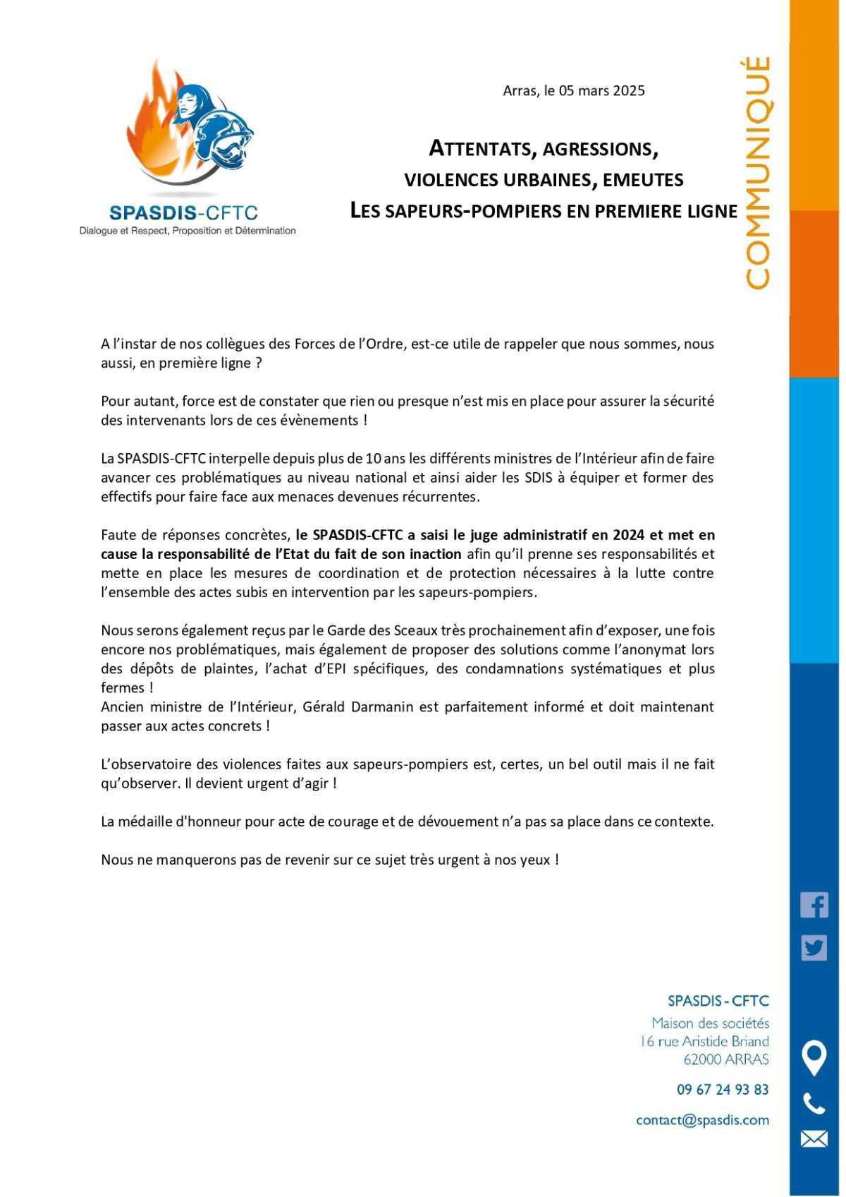 Agressions : le SPASDIS-CFTC recherche la responsabilité de l'Etat