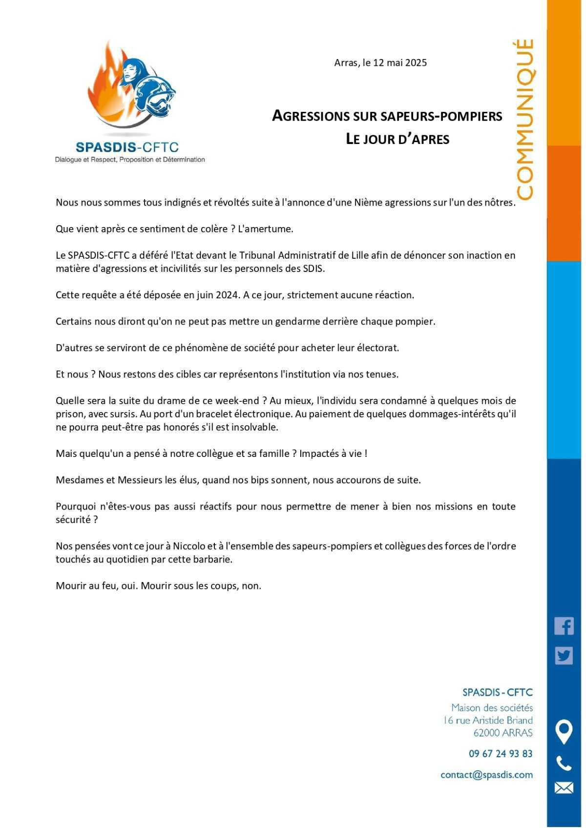 [COMMUNIQUE] Agressions sur sapeurs-pompiers : le jour d'après 