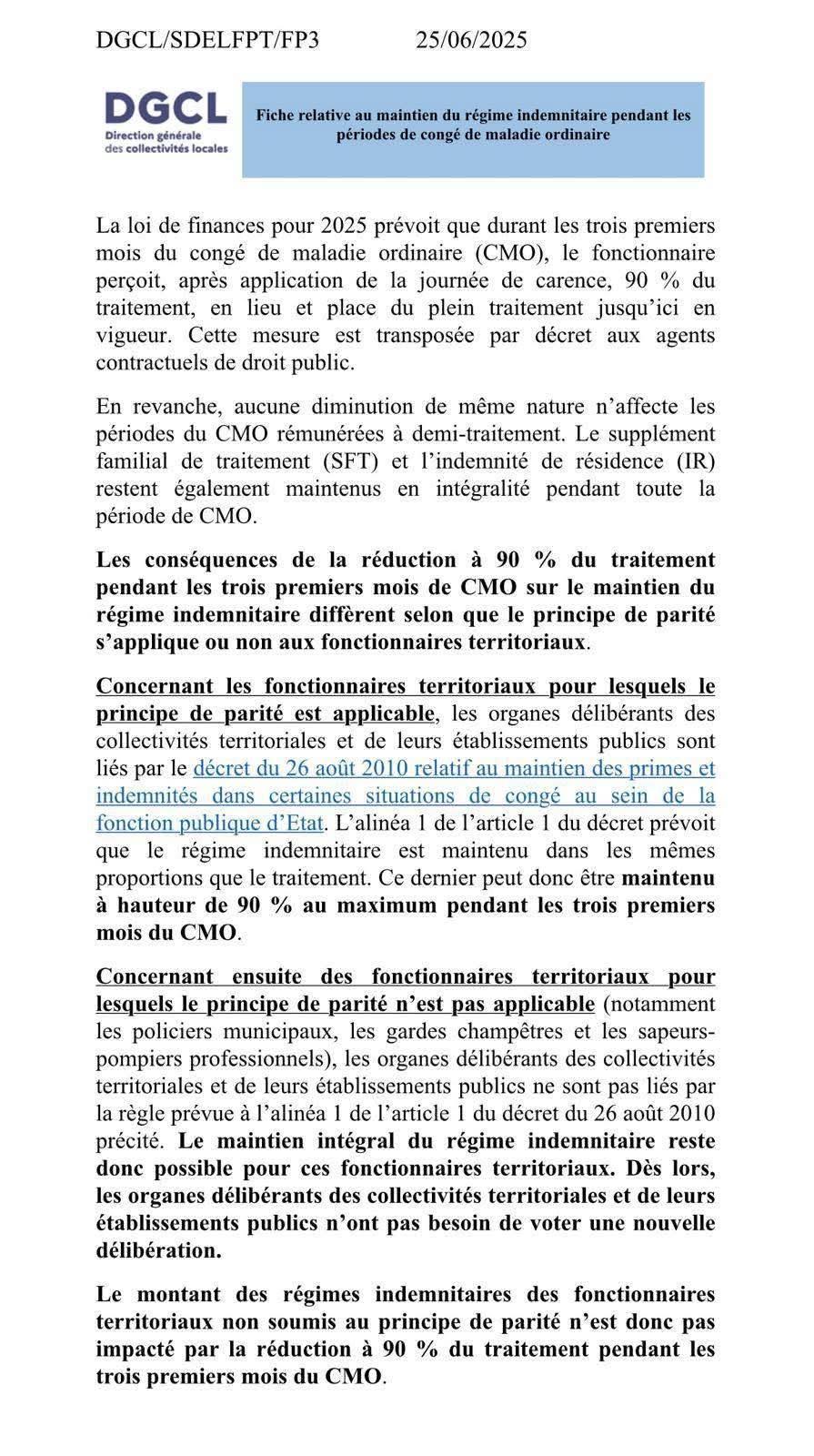 CMO - Indemnisation régime indemnitaire SPP