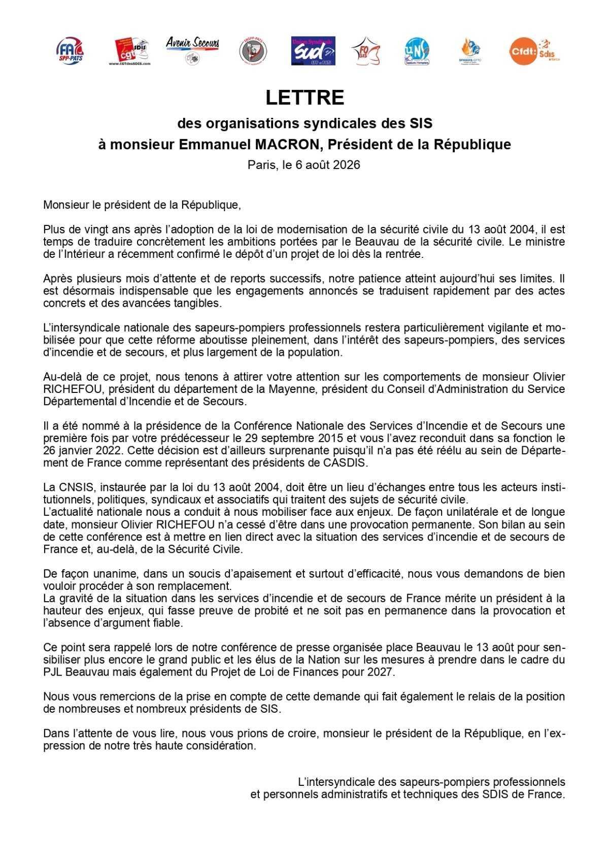 🚒 Lettre de l'intersyndicale à Emmanuel Macron 🚒 Lettre de l'intersyndicale à Emmanuel Macron
