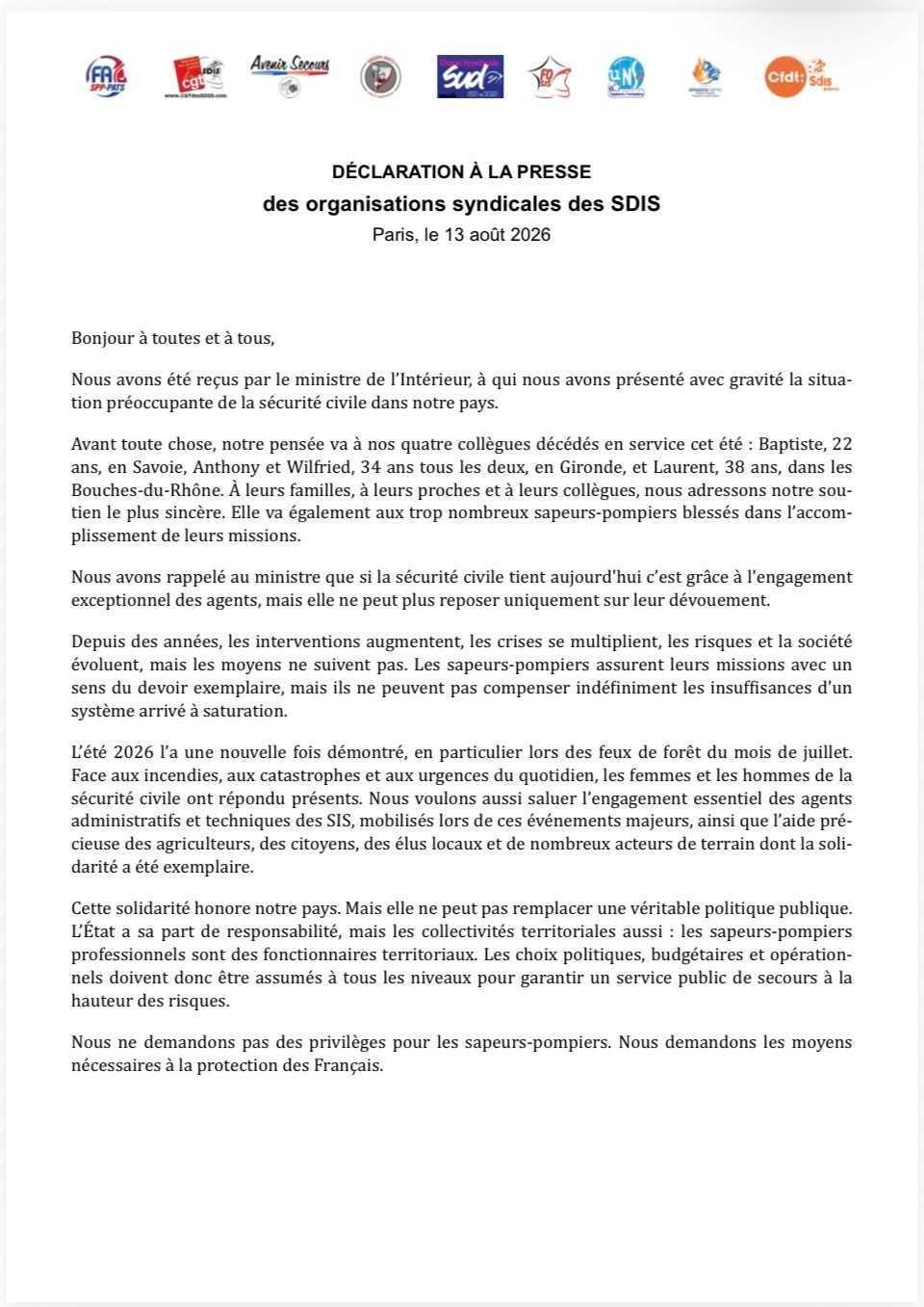 Déclaration à la presse des organisations syndicales du jeudi 13 aout 2026.