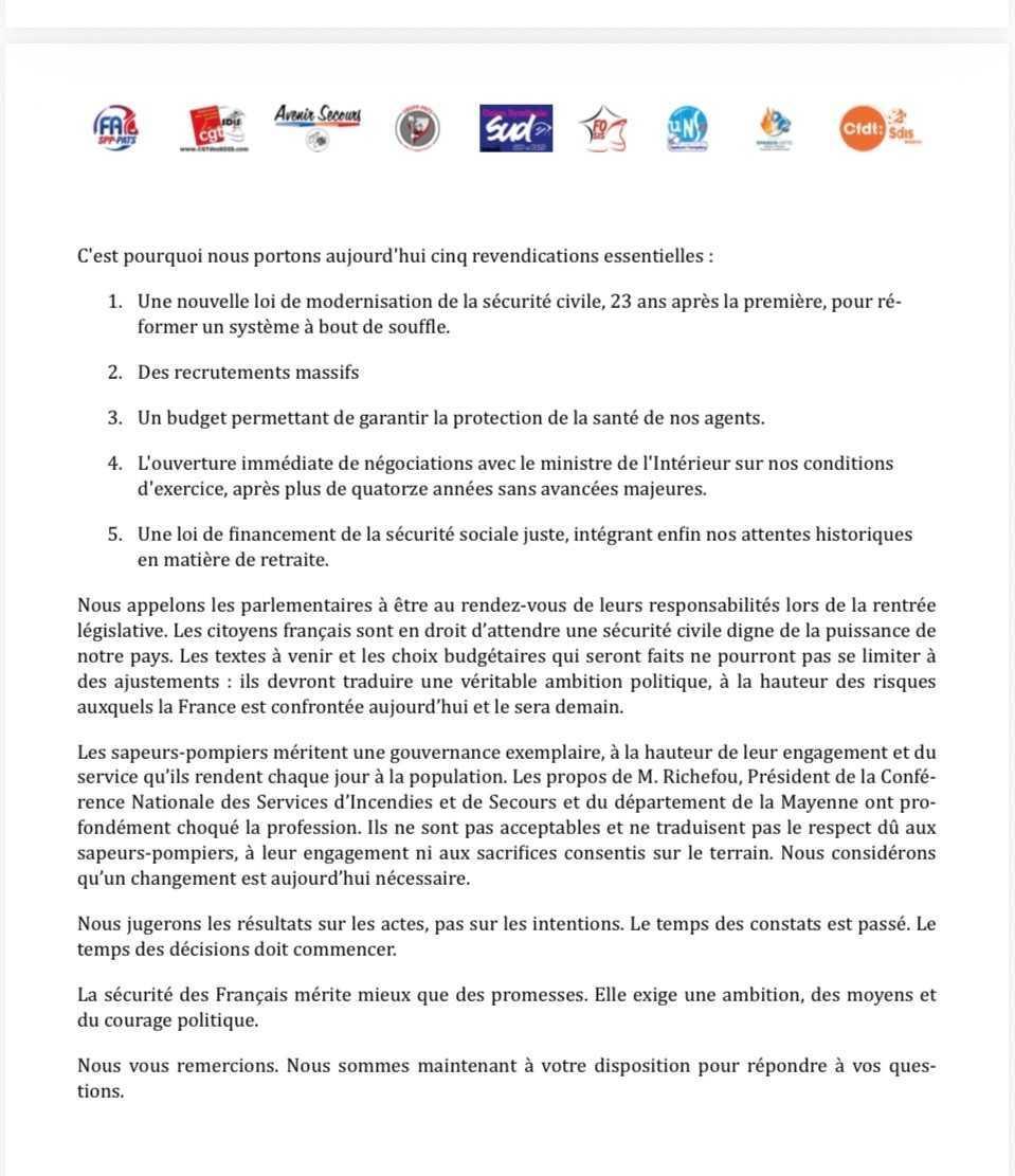 Déclaration à la presse des organisations syndicales du jeudi 13 aout 2026.