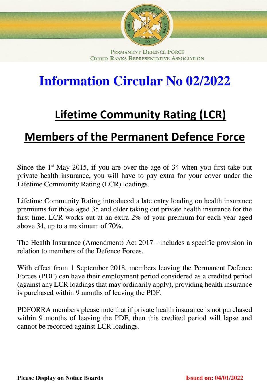 Information Circular No 02 of 22 - Lifetime Community Rating members of the Defence Forces