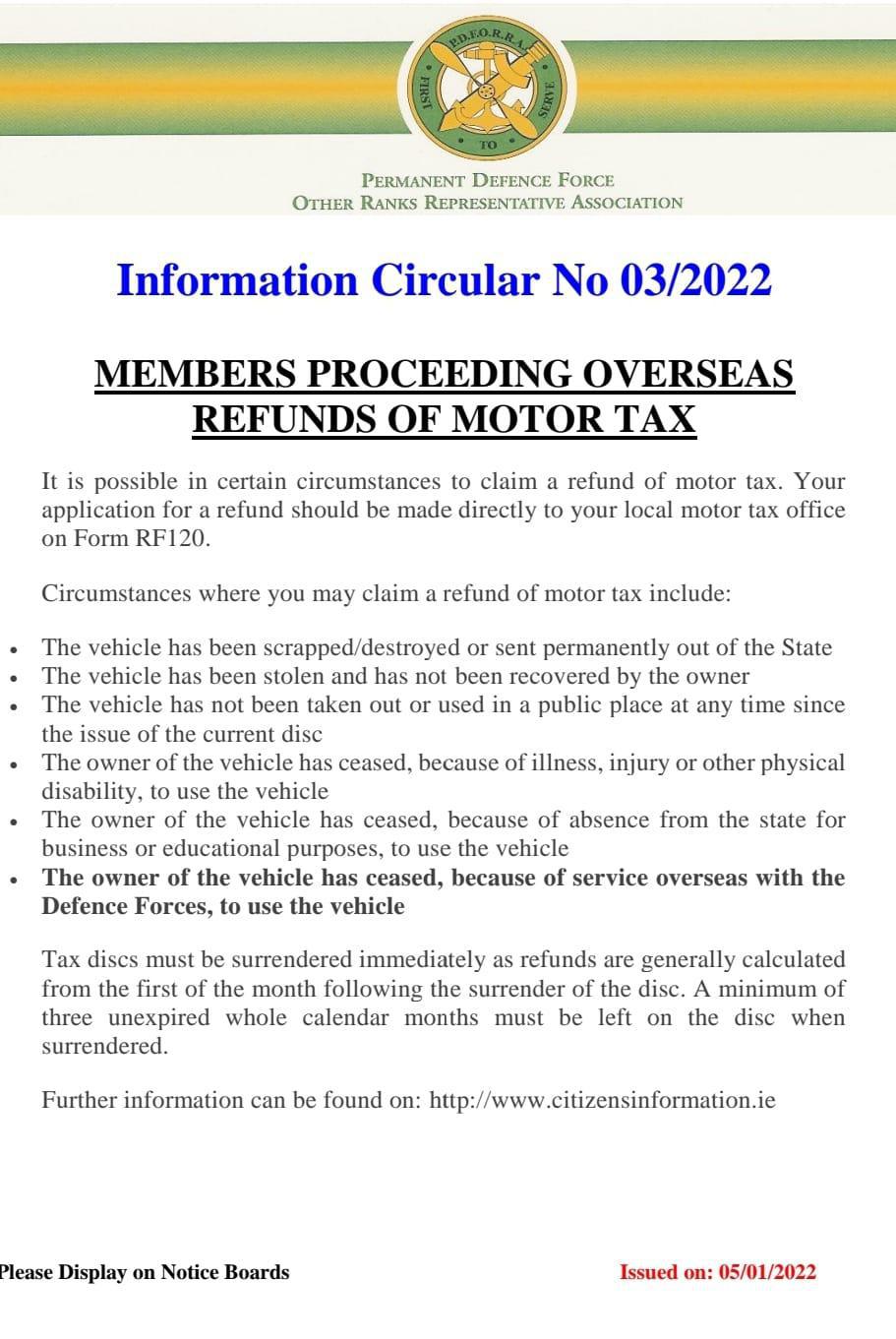 Information Circular No 03 of 22 - Members proceeding Overseas refunds of Motor Tax