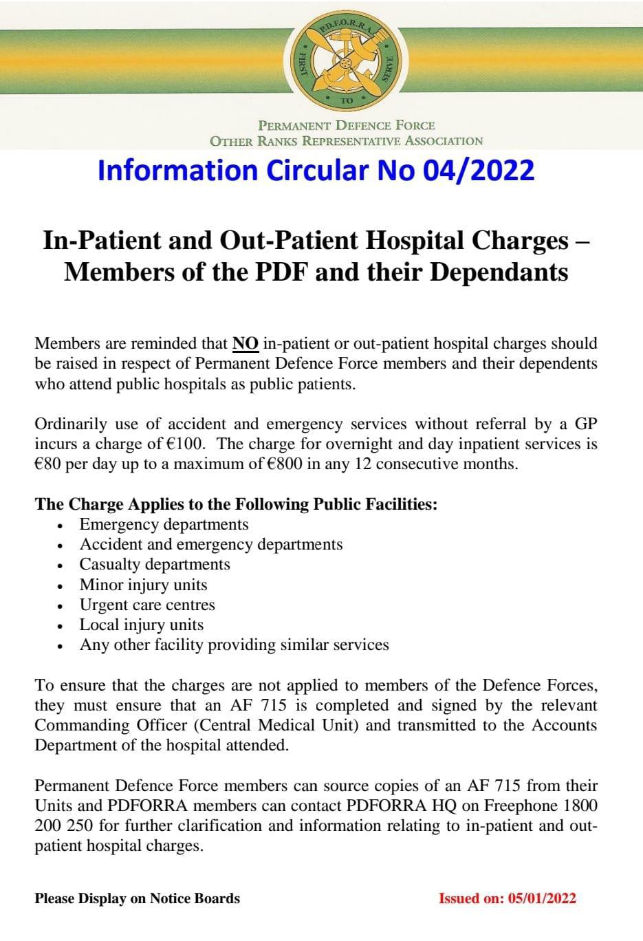 Information Circular No 04 of 22 - Inpatient & Outpatient charges members of the Defence Forces & their Dependents 