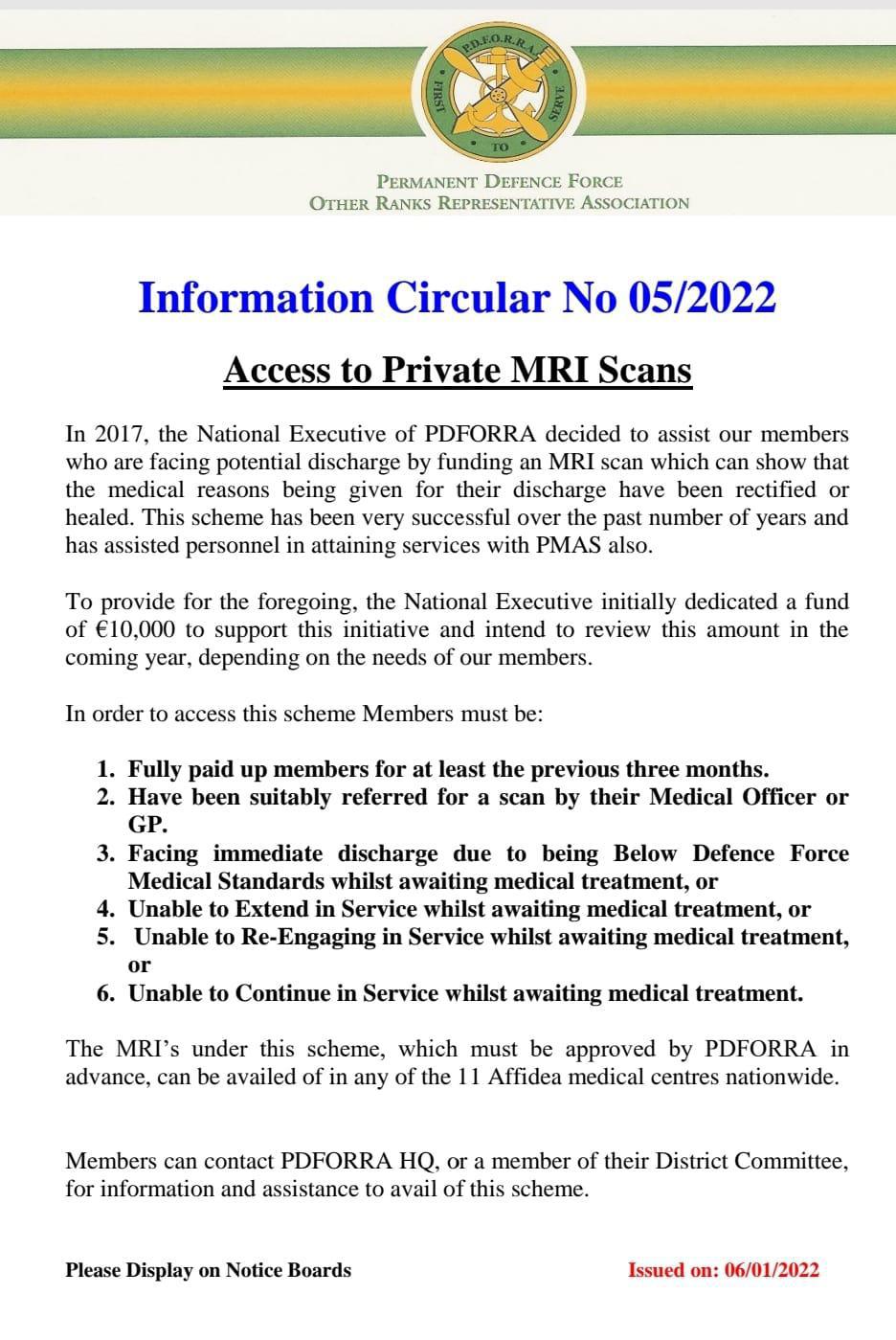 Information Circular No 05 of 22 - Access to Private MRI Scans