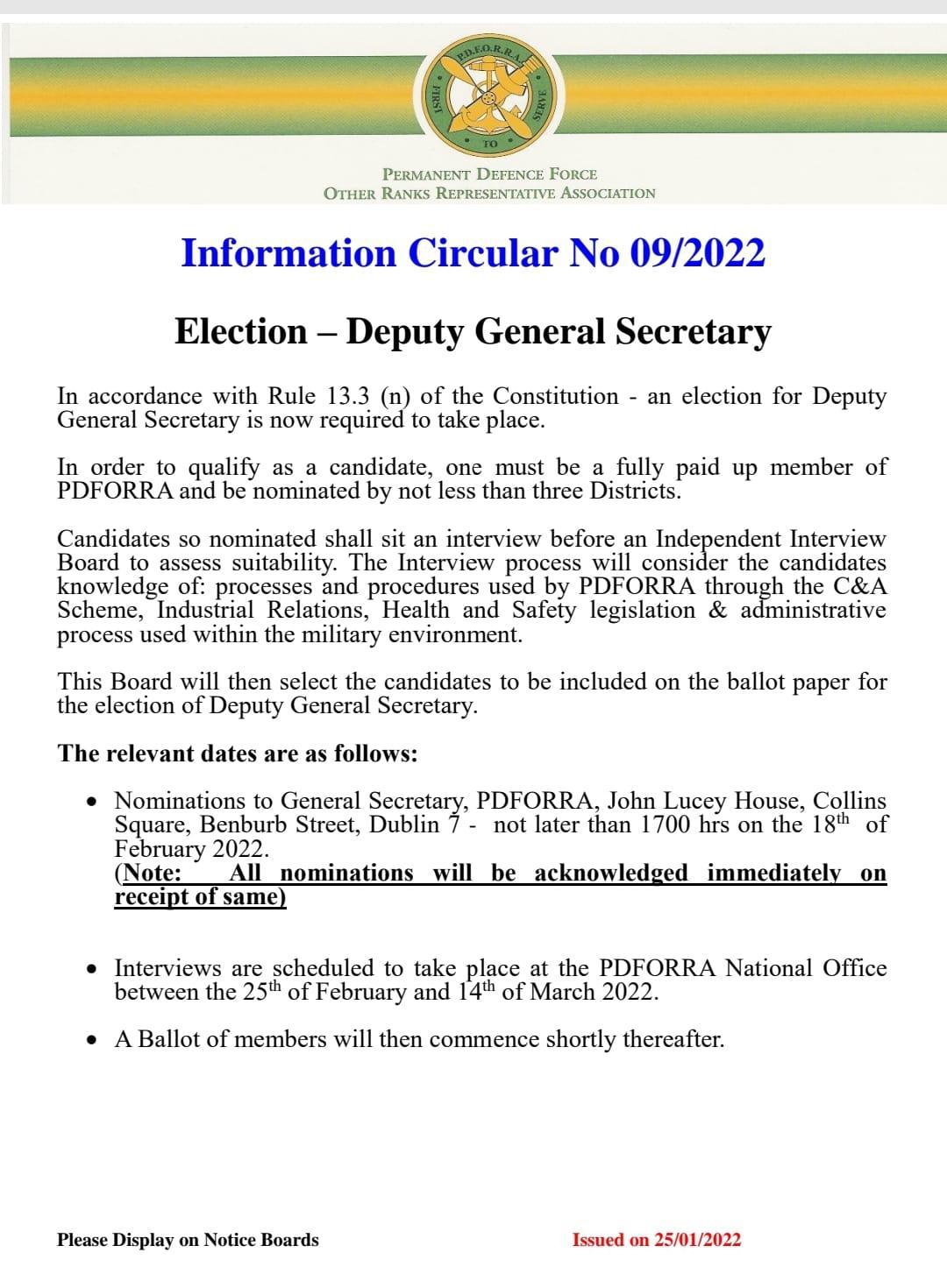 Information Circular No 09 of 22 - Election of Deputy General Secretary