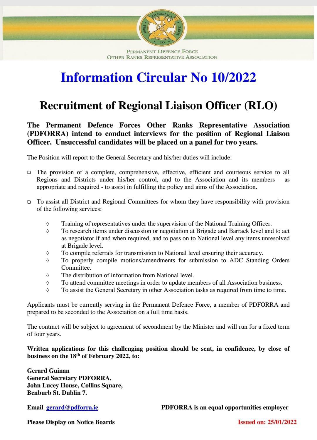 Information Circular No 10 of 22 - Recruitment of Regional Liaison Officer (RLO)