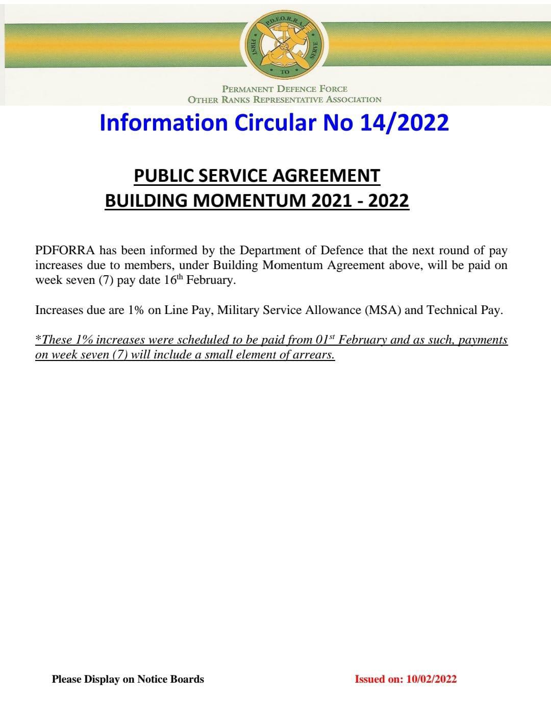 Information Circular No 14 of 22 - Public Service Agreement Building Momentum 2021 to 2022