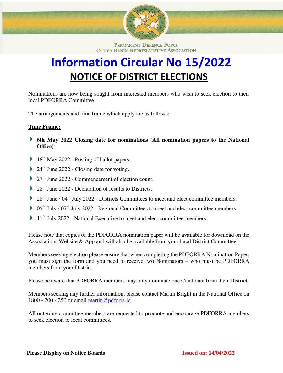 Information Circular No 15 of 22 - Notice of District Elections 2022