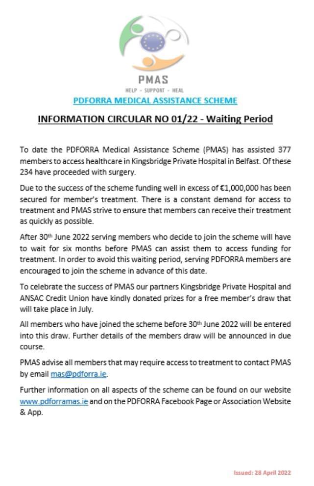 PDFORRA Medical Assistance Scheme (PMAS) Information Circular 01 of 22 - Waiting Period