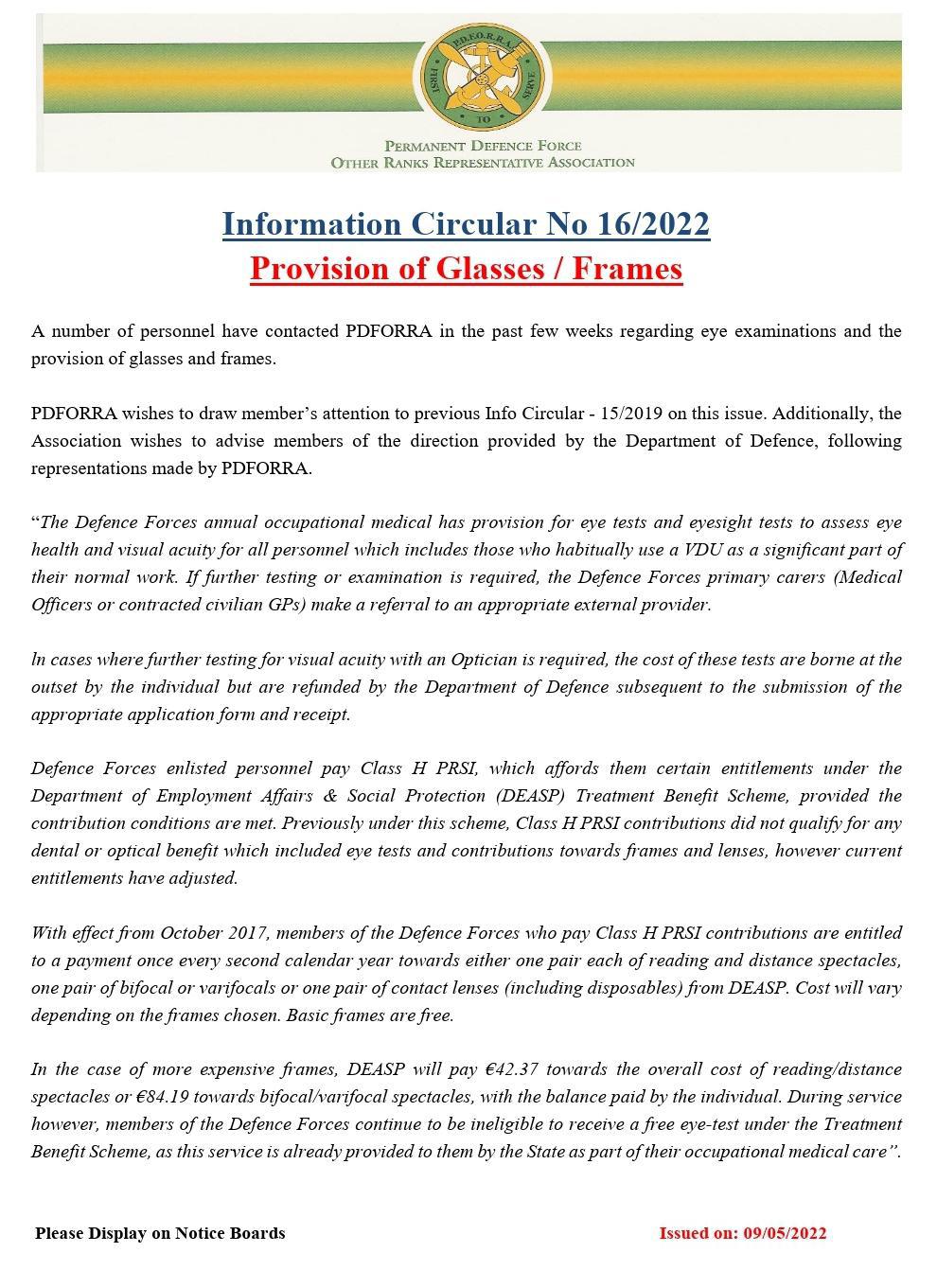 Information Circular No 16 of 22 - Provision of Glasses/Frames