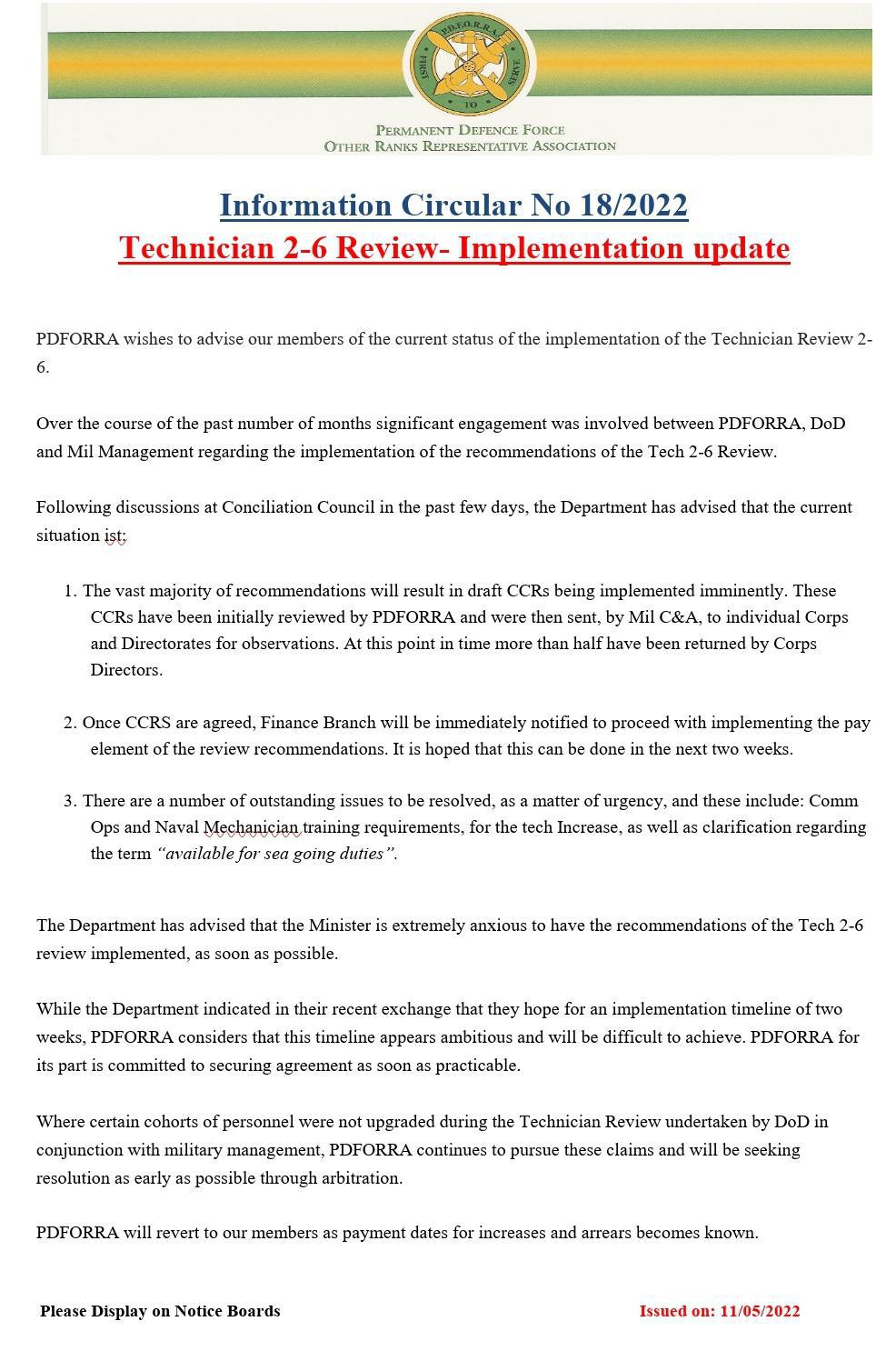 Information Circular No 18 of 22 - Technician 2 to 6 Review Implementation Update