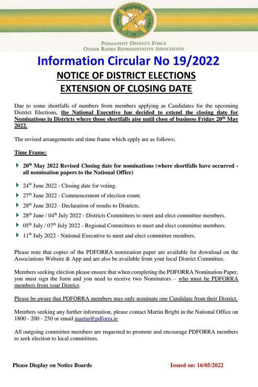 Information Circular No 19 of 22 - District Elections - Extension of Closing Date (shortfalls)