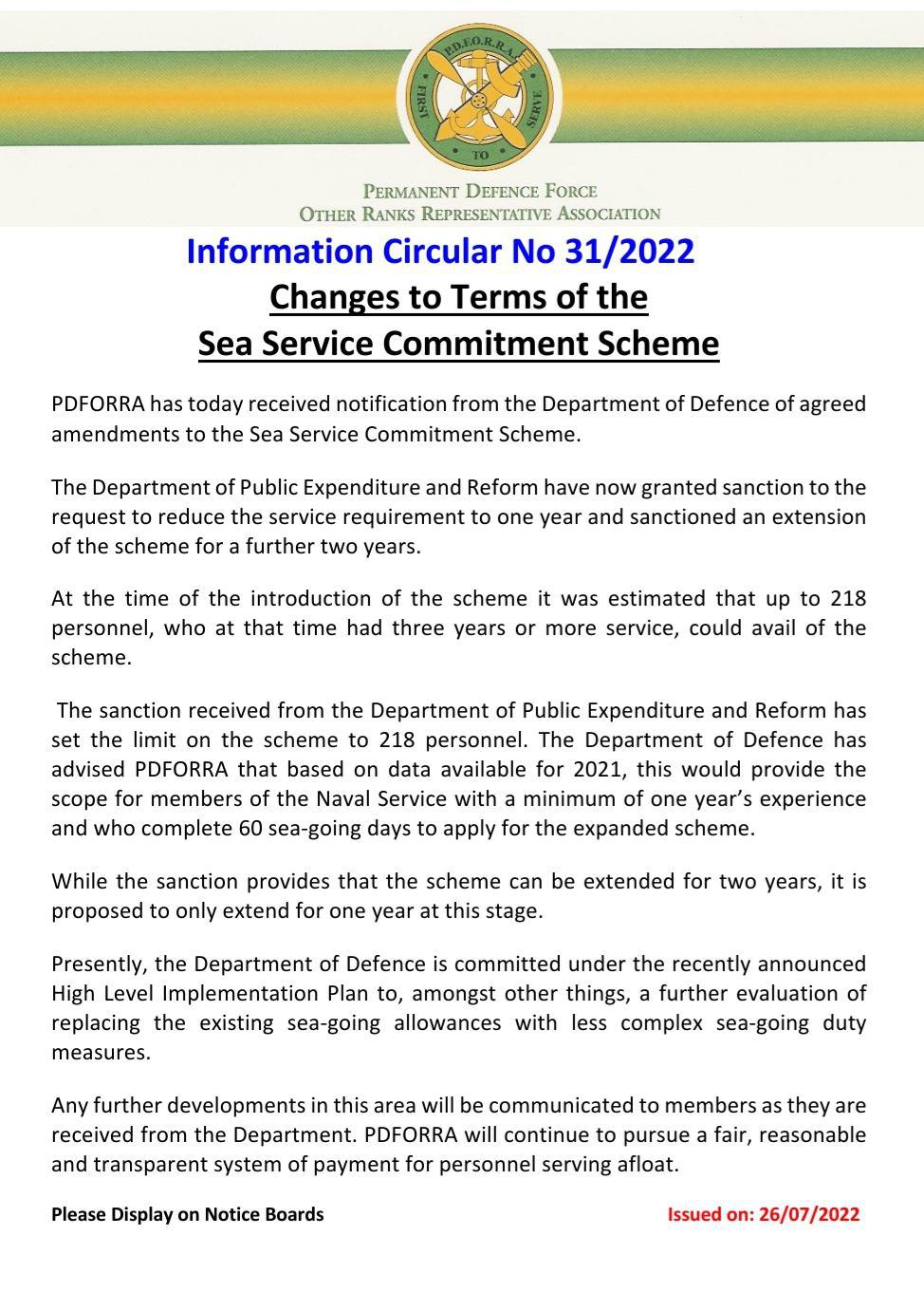 Information Circular No 31 of 22 - Changes to Terms of the Sea Service Commitment Scheme