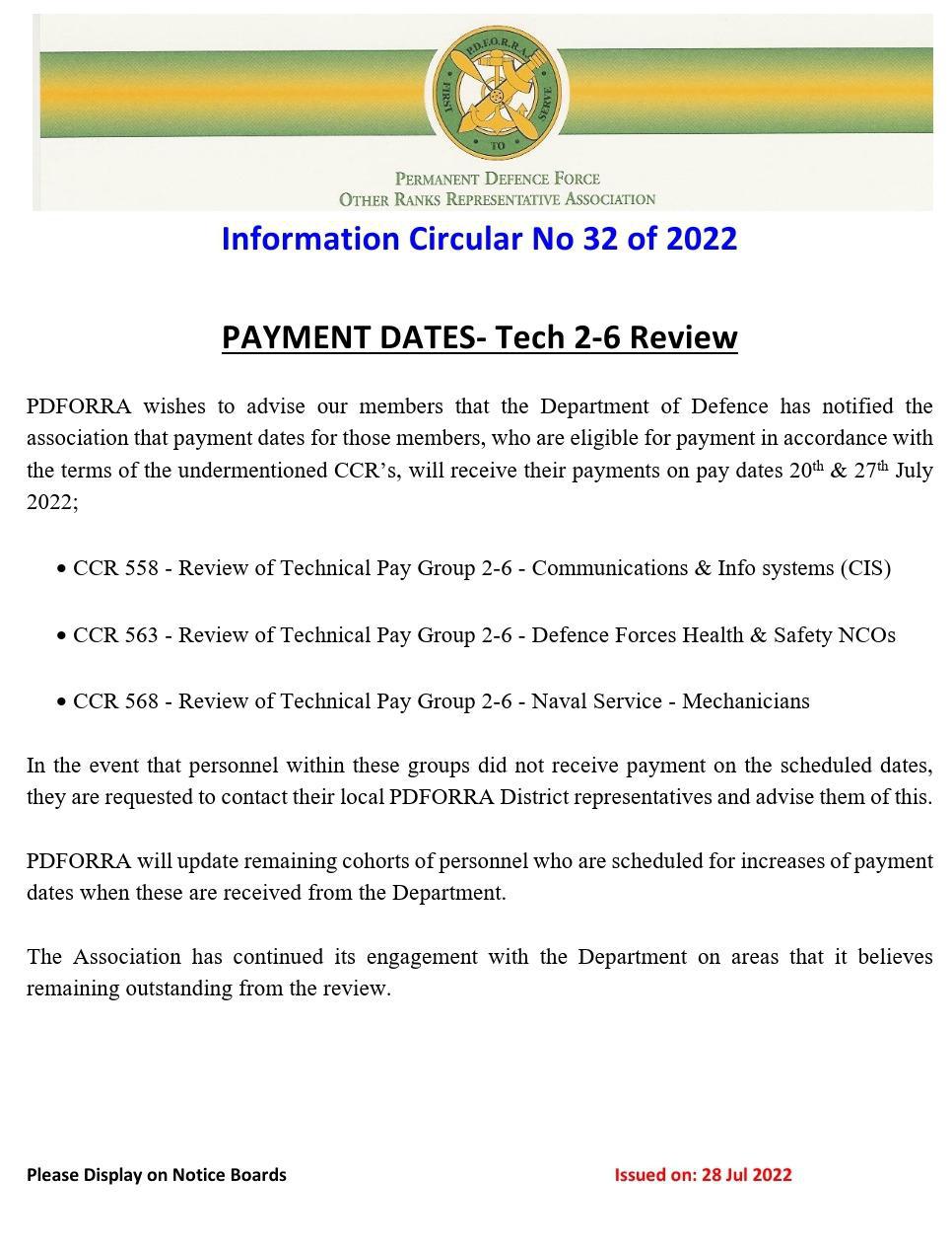 Information Circular No 32 of 22 - Payment Dates Tech 2 to 6 Review