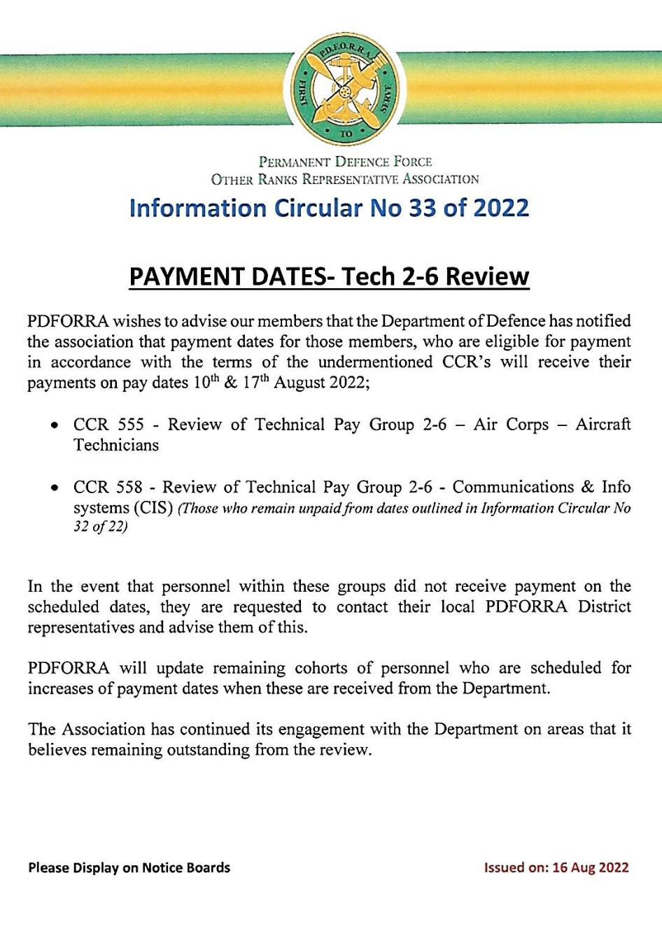 Information Circular No 33 of 22 - Payment Dates Tech 2 to 6 Review