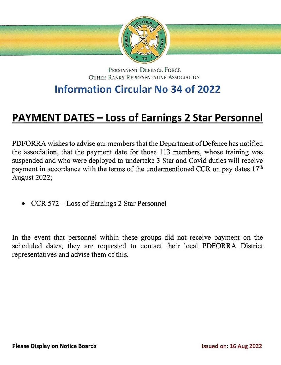 Information Circular No 34 of 22 - Payment Dates Loss of Earnings 2 Star Personnel